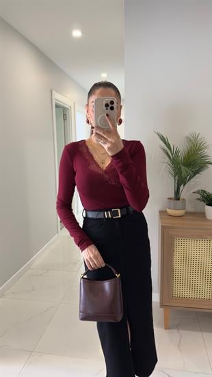 Torera Bordo Dantel Geçişli Bluz