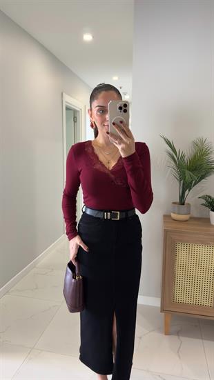 Torera Bordo Dantel Geçişli Bluz
