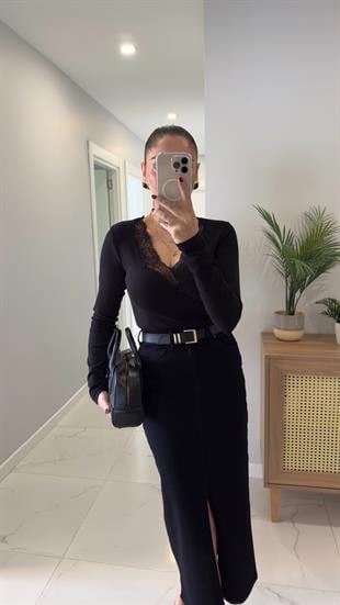 Torera Siyah Dantel Geçişli Bluz