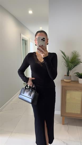 Torera Siyah Dantel Geçişli Bluz