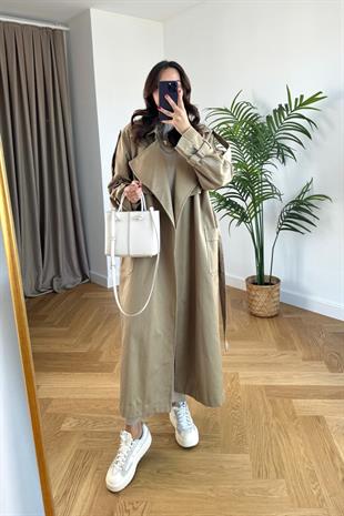 Koyu Bej Premium Kruvaze Yaka Çıtçıt Detaylı Gabardin Trençkot