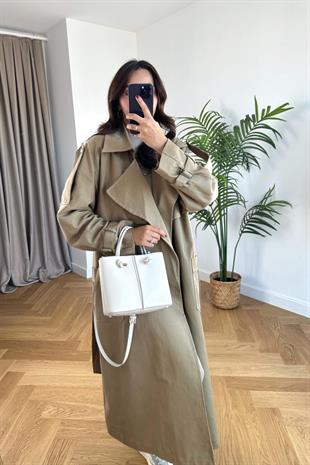 Koyu Bej Premium Kruvaze Yaka Çıtçıt Detaylı Gabardin Trençkot