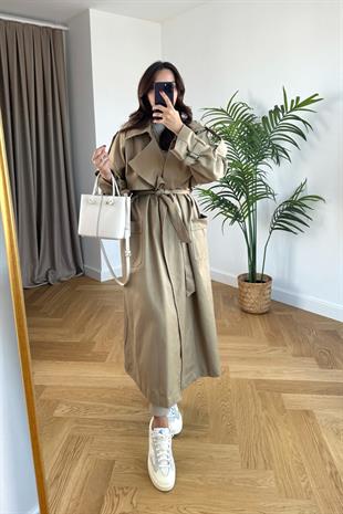 Koyu Bej Premium Kruvaze Yaka Çıtçıt Detaylı Gabardin Trençkot