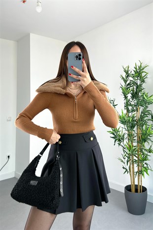 Bolis Camel Kürk Detaylı Fermuarlı Triko