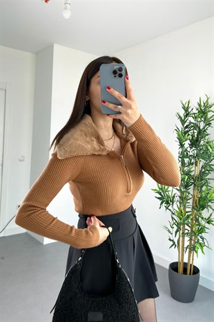 Bolis Camel Kürk Detaylı Fermuarlı Triko