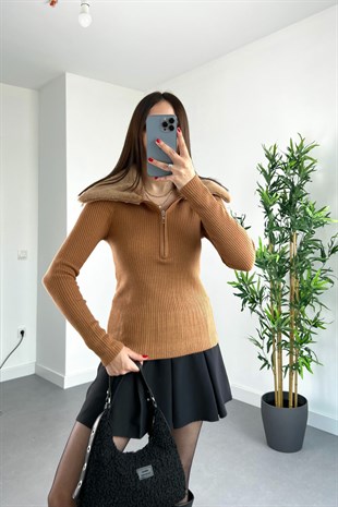 Bolis Camel Kürk Detaylı Fermuarlı Triko