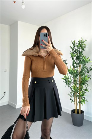 Bolis Camel Kürk Detaylı Fermuarlı Triko
