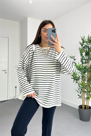 Bona Beyaz Çizgili Triko Sweat