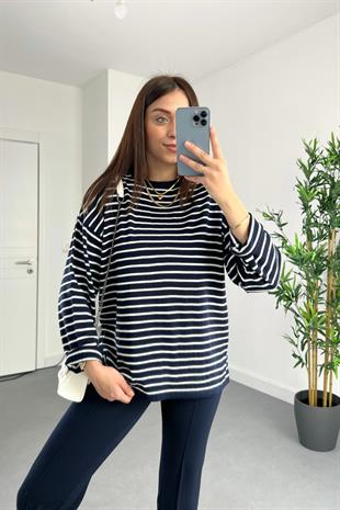Bona Lacivert Çizgili Triko Sweat