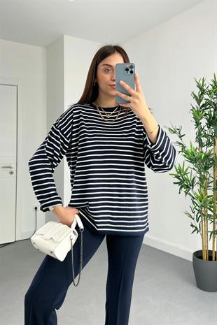 Bona Lacivert Çizgili Triko Sweat