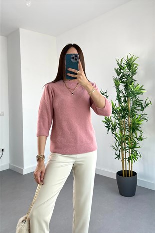 Cake Pembe Dik Yaka Yarım Kol Omuz Detaylı Triko