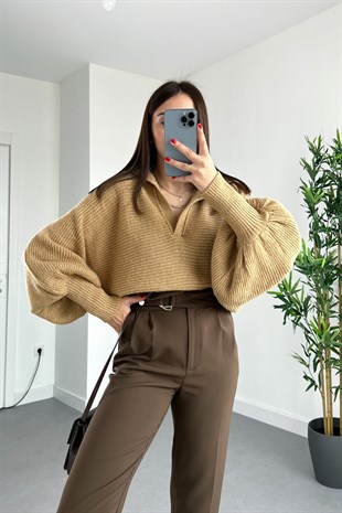 Camel Patlı Yarasa Kol Triko
