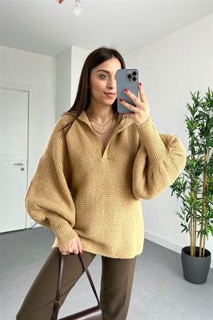 Camel Patlı Yarasa Kol Triko