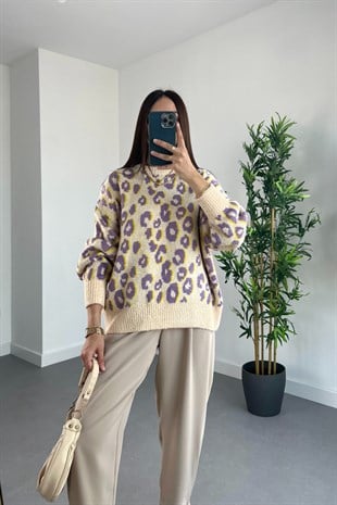 Ekru Mor Leopar Desenli Triko Kazak