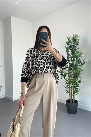 Ekru Siyah Kahve Leopar Desenli Triko
