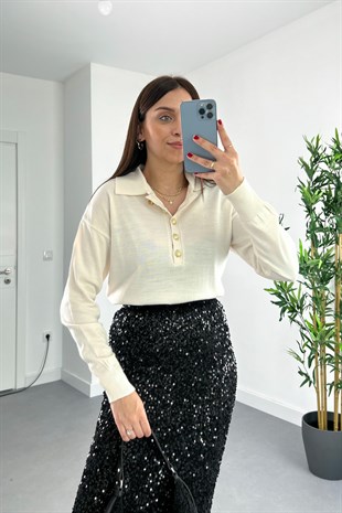 Felaz Krem Polo Yaka Düğme Detaylı Triko