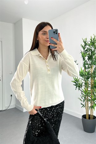Felaz Krem Polo Yaka Düğme Detaylı Triko