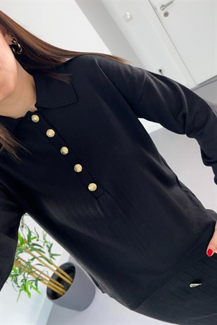 Felaz Siyah Polo Yaka Düğme Detaylı Triko
