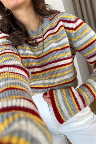 Flu Gri Yaka Detaylı Çizgili Triko