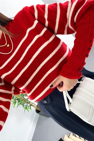 Folwe Kırmızı Çizgili Kolları Düğmeli Triko