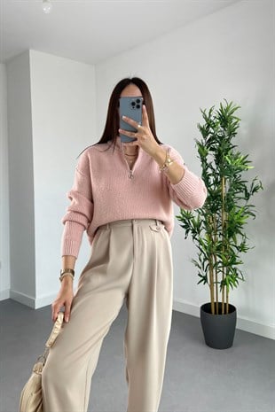 Fula Pudra Pembe Fermuarlı Triko