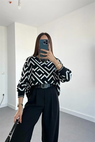 Glasso Siyah Desenli Çelik Triko Kazak