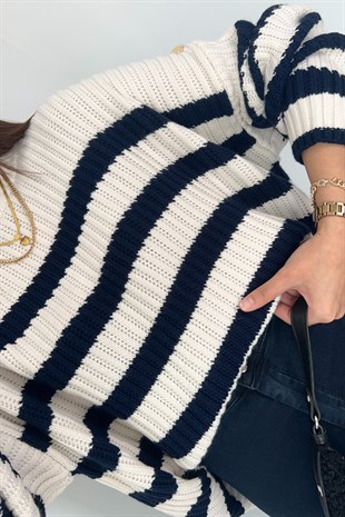 Gustova Lacivert Çizgili Omuz Düğme Detaylı Triko
