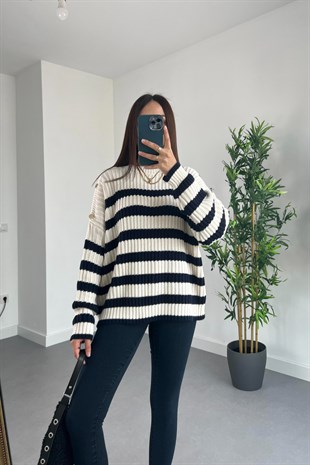 Gustova Lacivert Çizgili Omuz Düğme Detaylı Triko
