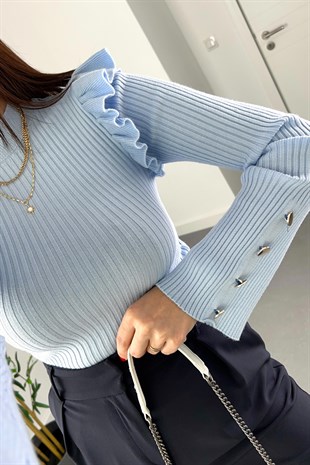 Juke Bebe Mavi Omuzları Fırfırlı Kol Detaylı Triko