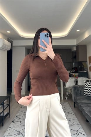 Kahve Fermuarlı Polo Yaka Triko