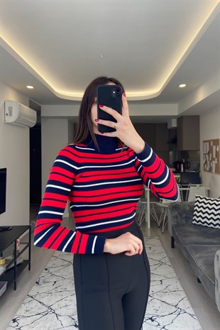 Kırmızı Lacivert Çizgili Triko