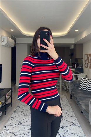 Kırmızı Lacivert Çizgili Triko