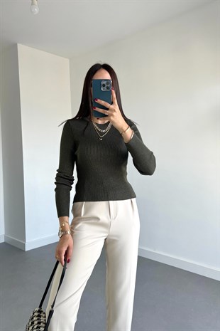 Koyu Yeşil Simli Bisiklet Yaka Triko