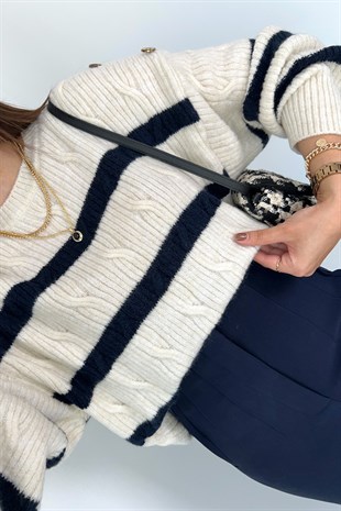 Lelisia Lacivert Çizgili Gold Düğme Detaylı Triko Kazak
