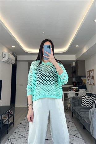 Mint Yeşili Ajurlu Triko