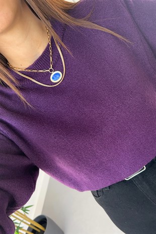 Mor Bisiklet Yaka Basic Triko