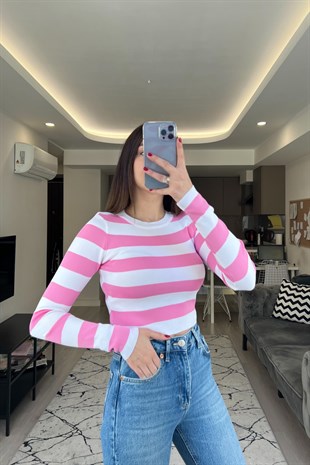 Pembe Beyaz Çizgili Triko