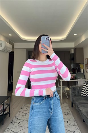 Pembe Beyaz Çizgili Triko