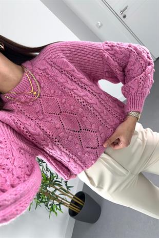 Pembe Bisiklet Yaka Ponpon Detaylı Triko