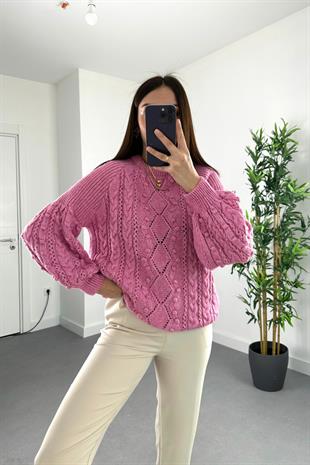 Pembe Bisiklet Yaka Ponpon Detaylı Triko