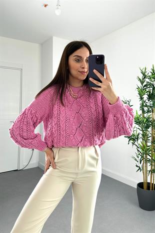 Pembe Bisiklet Yaka Ponpon Detaylı Triko