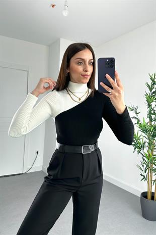 Siyah Beyaz Balıkçı Yaka Basic Triko