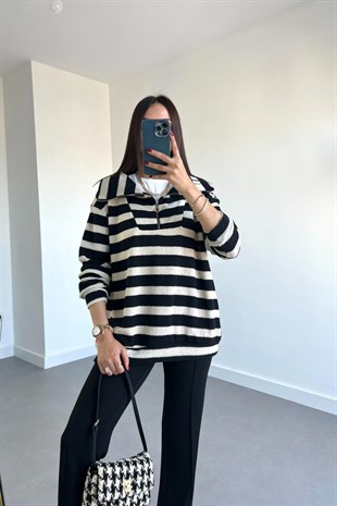 Siyah Taş Çizgili Fermuarlı Triko