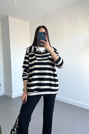 Siyah Taş Çizgili Fermuarlı Triko