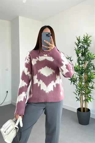 Velte Pudra Tüylü Soyut Desenli Triko