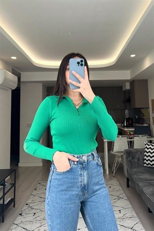 Yeşil Fermuarlı Polo Yaka Triko