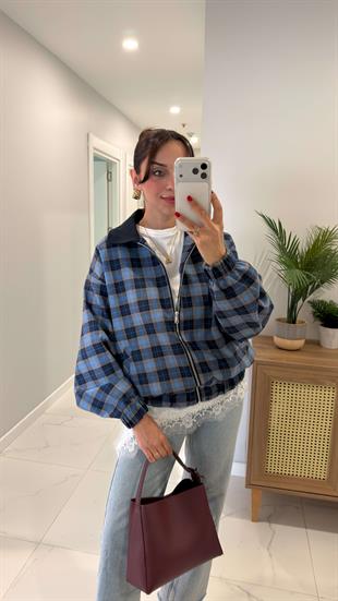 Tudensa Mavi Ekose Premium Bomber Ceket