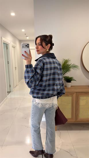 Tudensa Mavi Ekose Premium Bomber Ceket