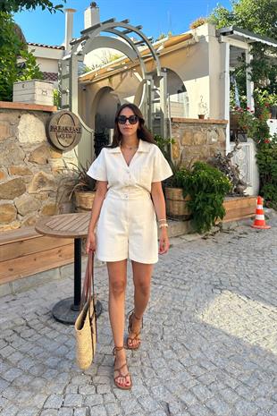 Gelysa Taş Rengi Beli Lastikli Düğme ve Fermuar Detaylı Tulum