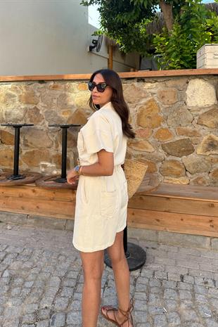 Gelysa Taş Rengi Beli Lastikli Düğme ve Fermuar Detaylı Tulum